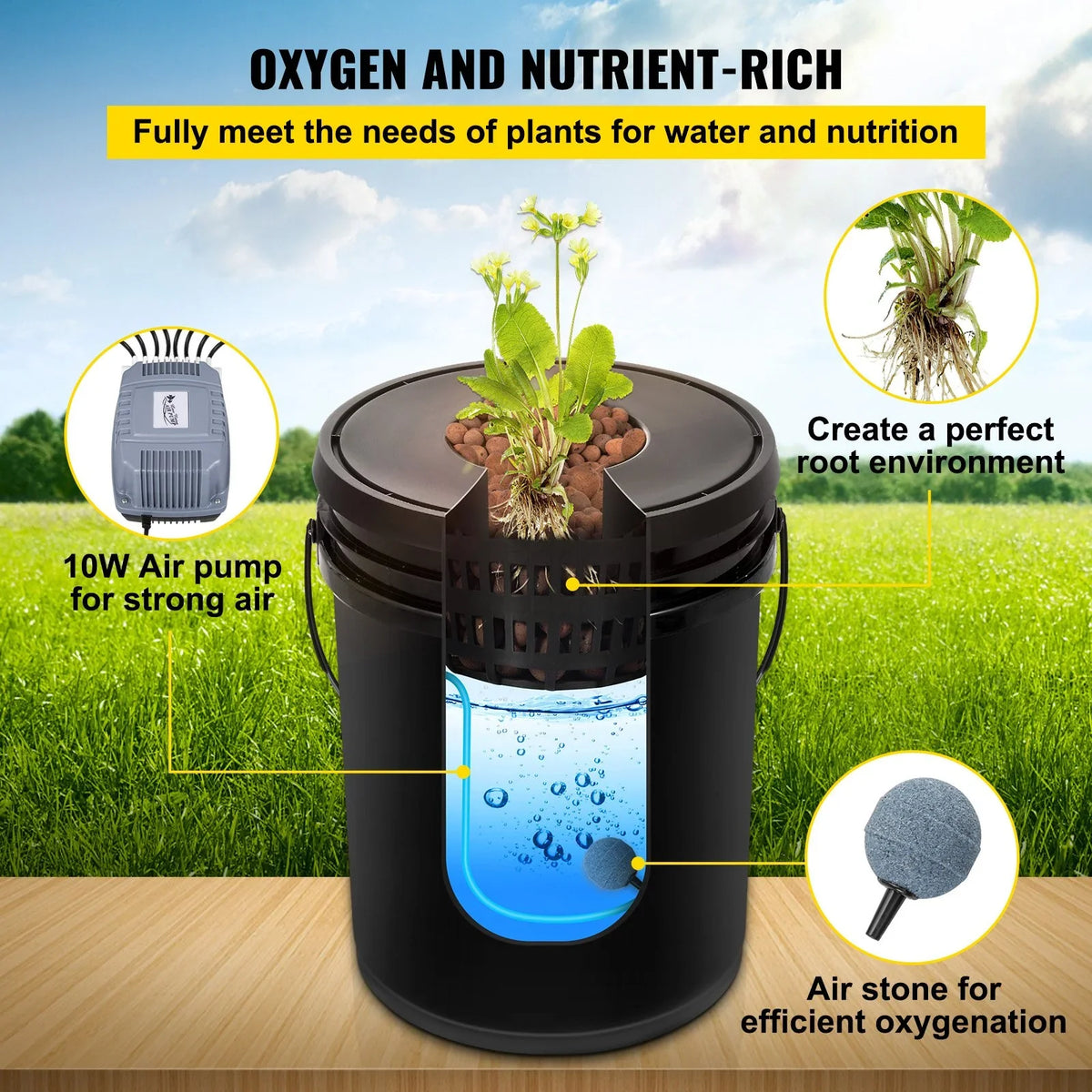 Leafy Hydroponic 5-Gallon, Stone System liquid VEVOR Grow Vegetables Pump, DWC & Indicator with for Kit, Level Air Indoor/exterior 4-Bucket