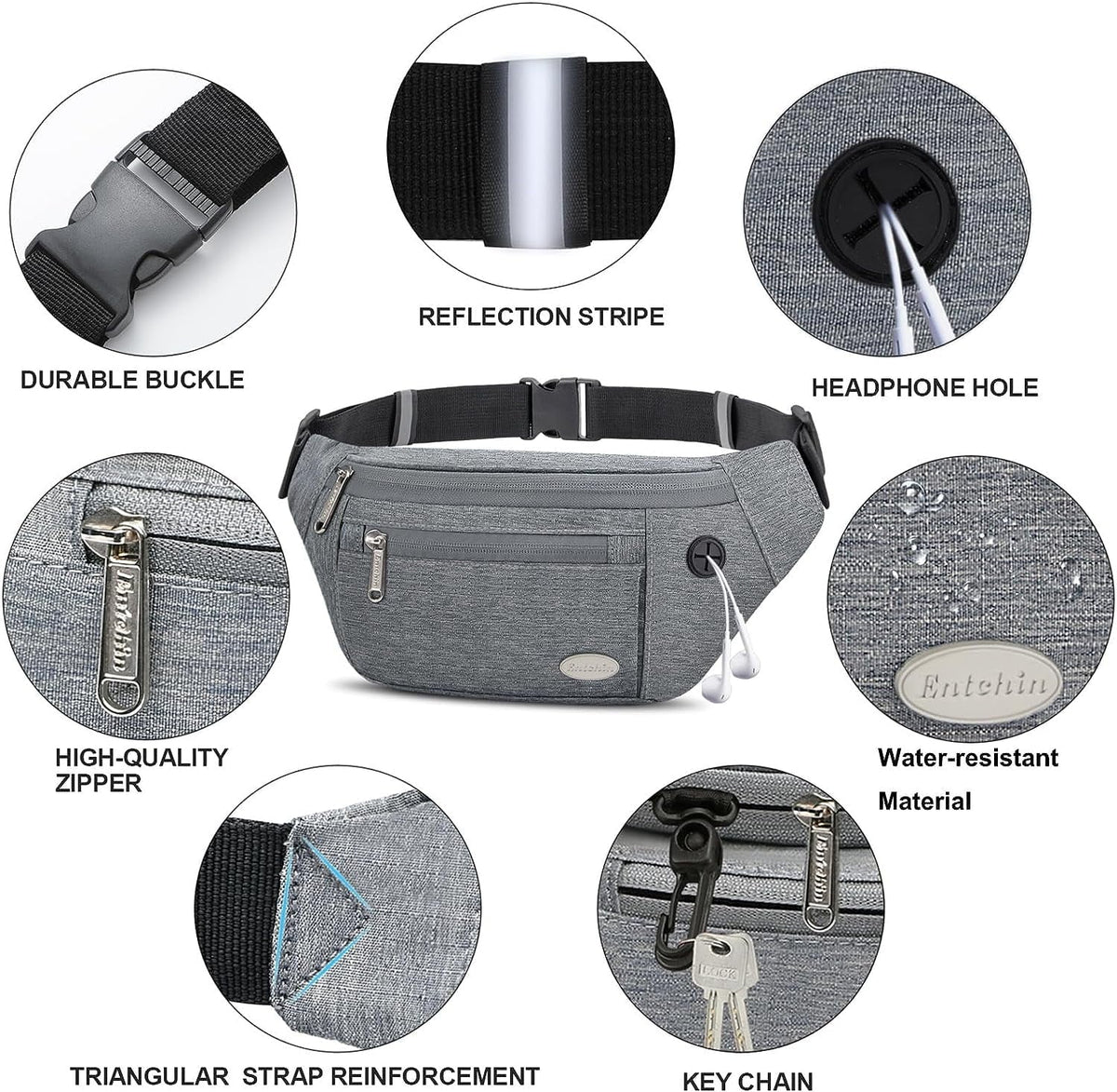 Entchin Hiking, Bum Casual Men Bags Pack Travel, Fanny Waist Pack 4-Zipper fashion with for Cycling and Running, Women Crossbody for premium Pockets,