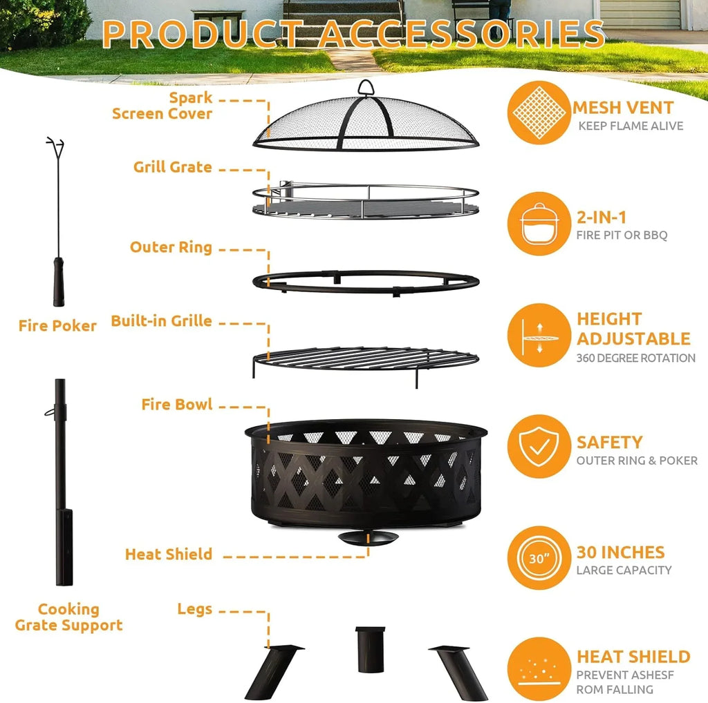 Screen for Poker ECOPATIO Fire Wood Camping, Grill Steel Garden, Firepit Pits, Backyard for Large Spark Patio Bonfire, 30 exterior Picnic Burning Grate, with Pit Fire Inch & BBQ Outside, Cooking