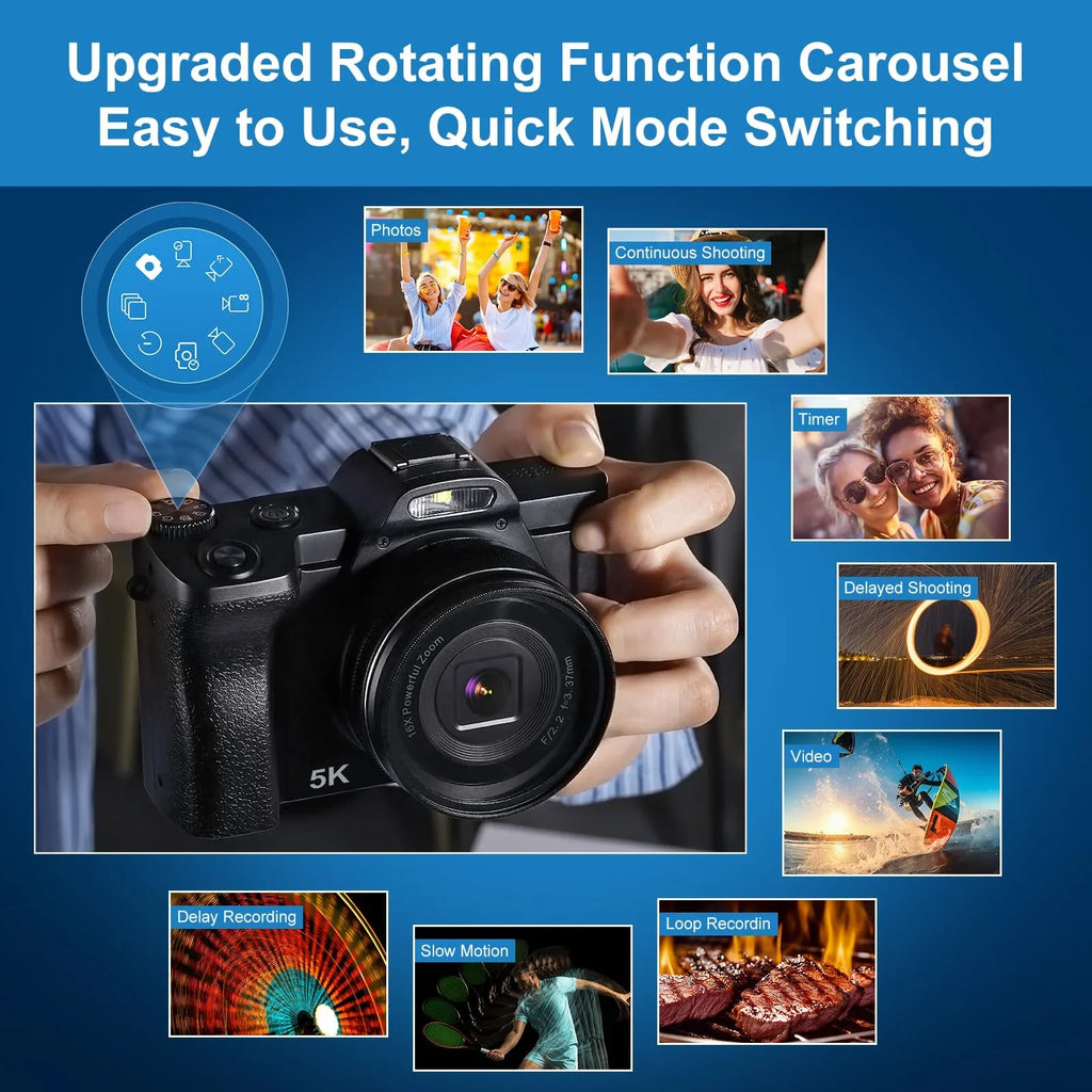Travel Filter Camera Camera, WiFi 48MP 6-Axis Stabilization 5K 16x Digital Zoom Girls, Beginners with Autofocus Camera Camera, UV Boys, Compact for Vlogging Digital