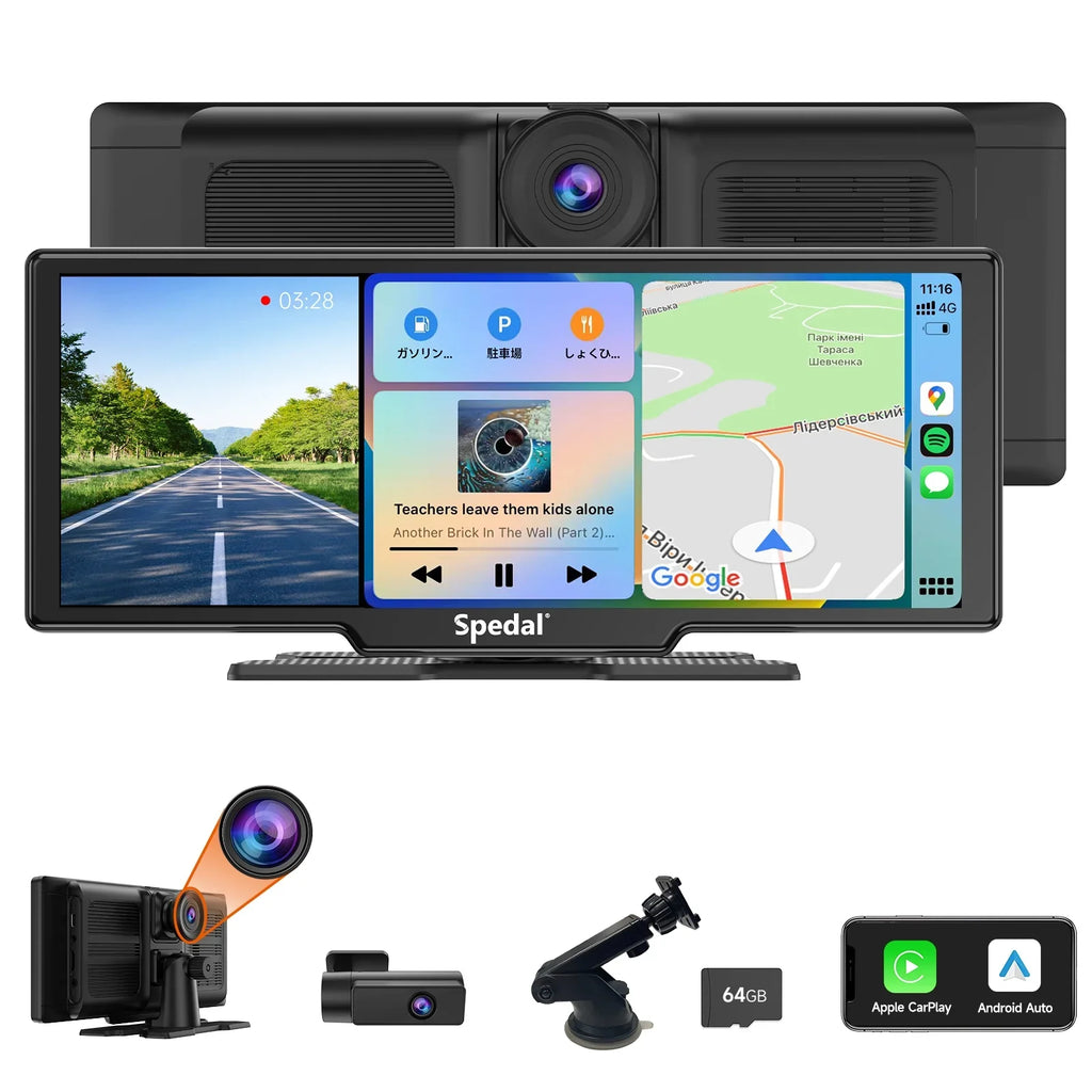 Stereo Camera Car and Front 9.3" Head CarPlay Unit Cam ＆Android Screen Wireless with Receivers Car GPS CL860 Rear Navigation Spedal CarPlay 4K Portable Stereo Dash Auto Bluetooth Rear- 1080p