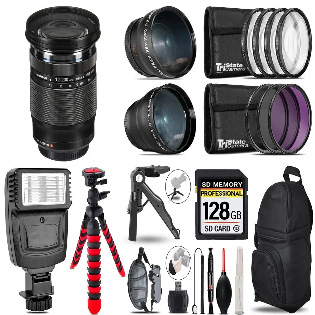 Lens Bundle Flash Olympus Tripod M.Zuiko Lens Accessory Slave 12-200mm 128GB +3 + Kit - f/3.5-6.3 Digital ED +