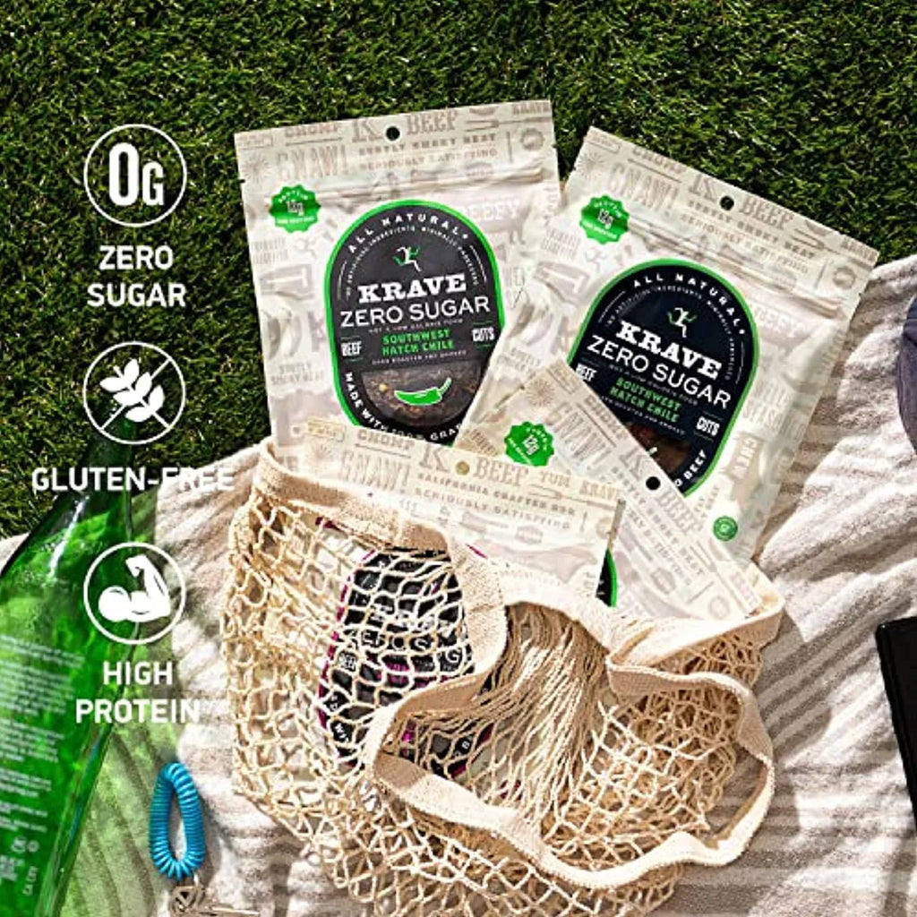Grass-Fed Chile 2.1 Jerky, Gluten-Free, - No Bags 100% Beef No Ingredients, Oz Hatch Zero Pack) Southwest Artificial (4 Krave Sugar, Beef, Protein, Nitrates 12G