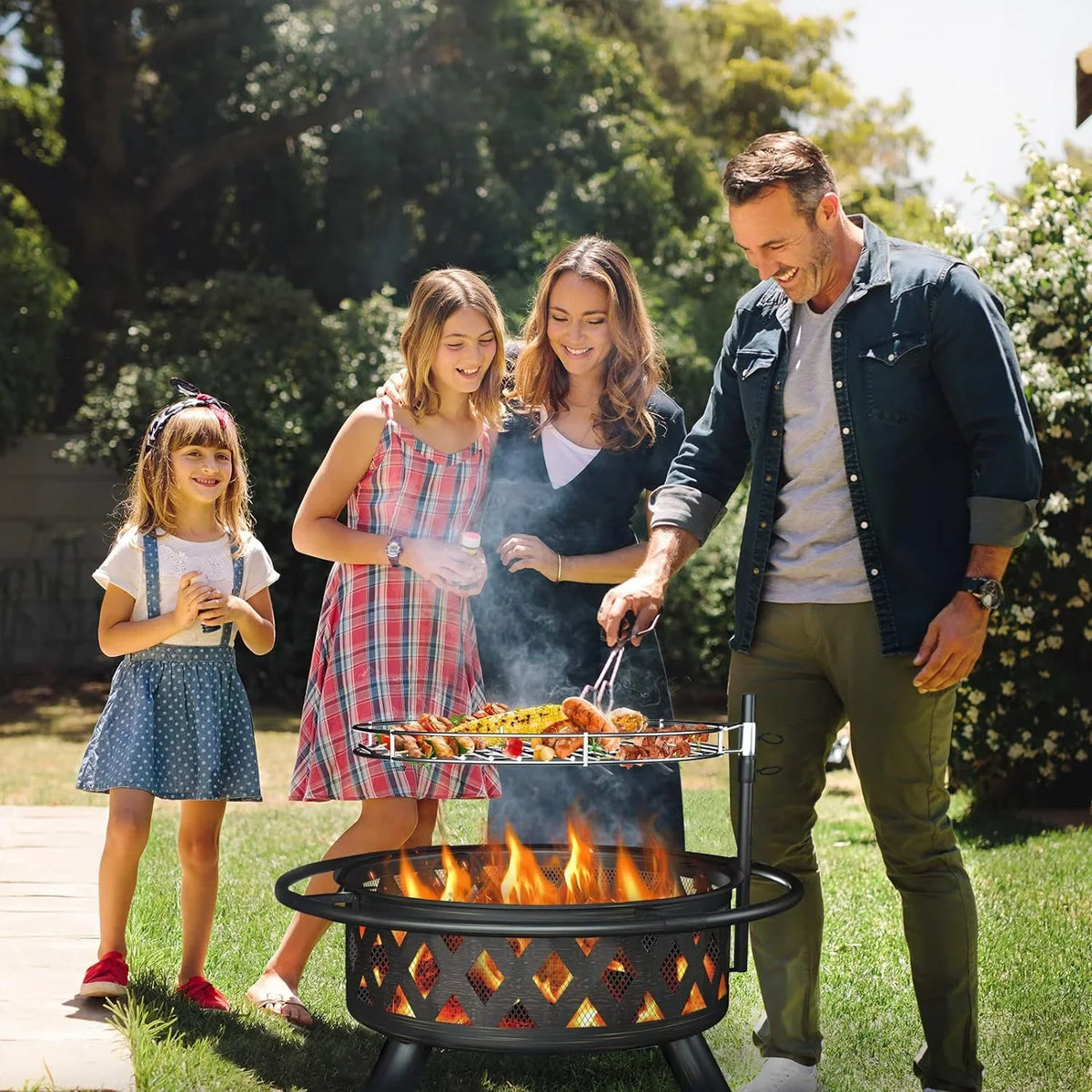 Screen for Poker ECOPATIO Fire Wood Camping, Grill Steel Garden, Firepit Pits, Backyard for Large Spark Patio Bonfire, 30 exterior Picnic Burning Grate, with Pit Fire Inch & BBQ Outside, Cooking