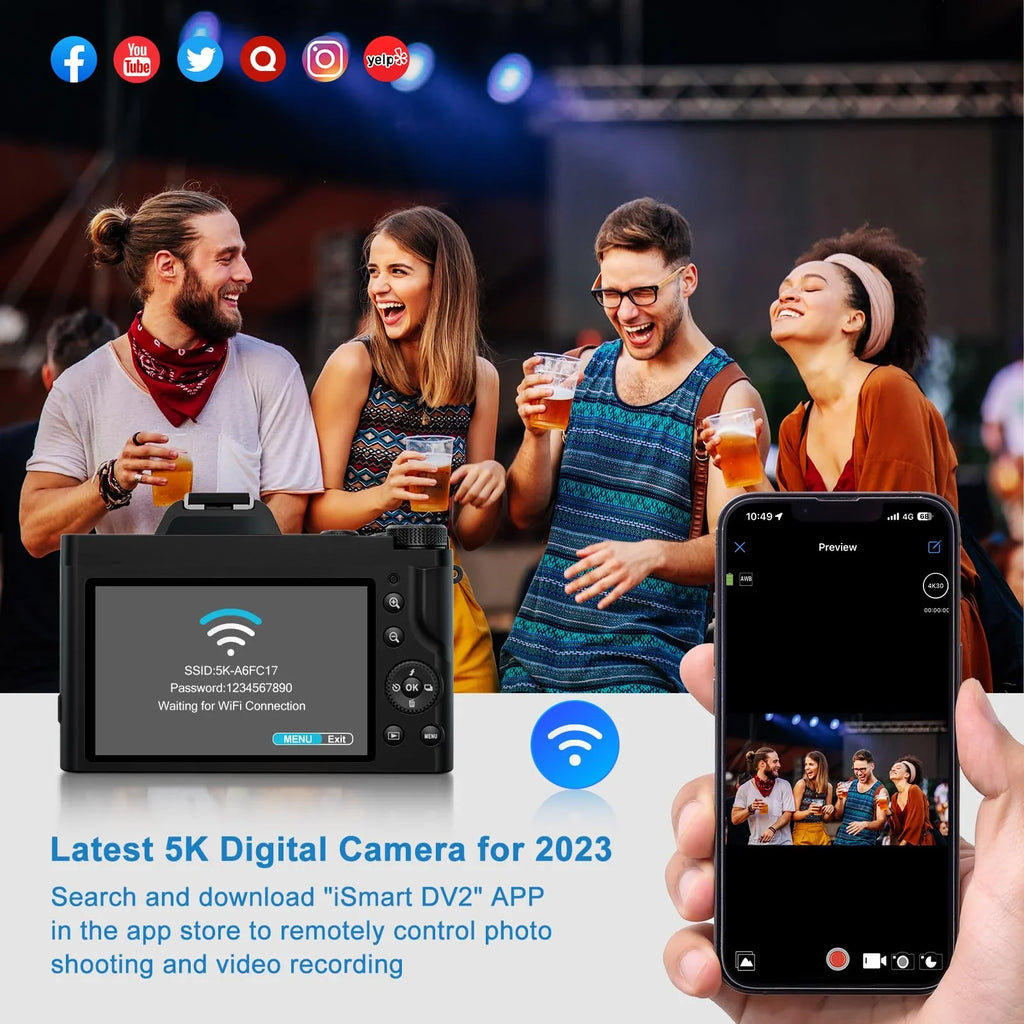 Travel Filter Camera Camera, WiFi 48MP 6-Axis Stabilization 5K 16x Digital Zoom Girls, Beginners with Autofocus Camera Camera, UV Boys, Compact for Vlogging Digital