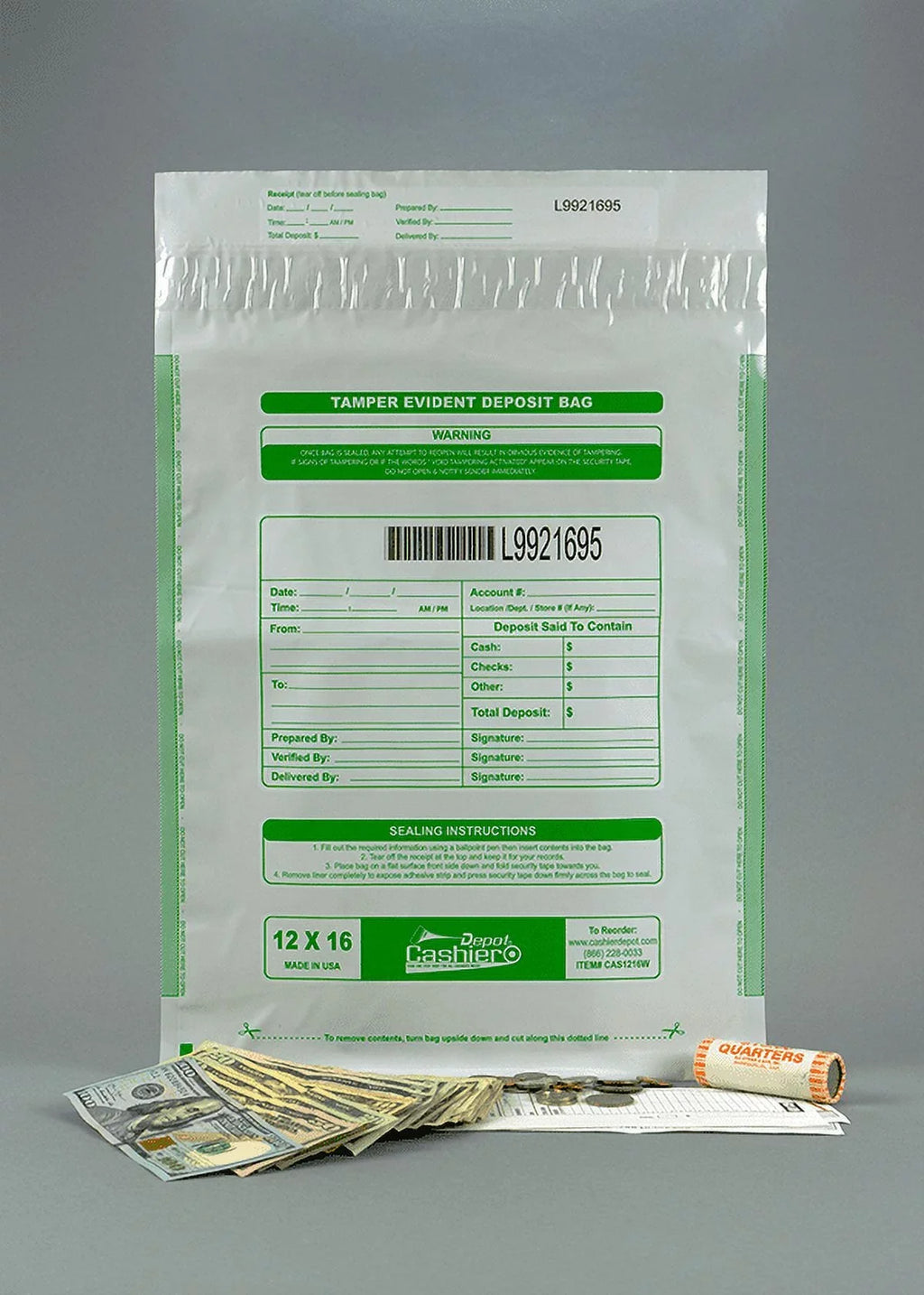 Cashier x & Depot Deposit Tape Bags) Seal Void Press (100 12" Evident Closure 16" Barcode, Bags, Tamper Numbering, Serialized White,