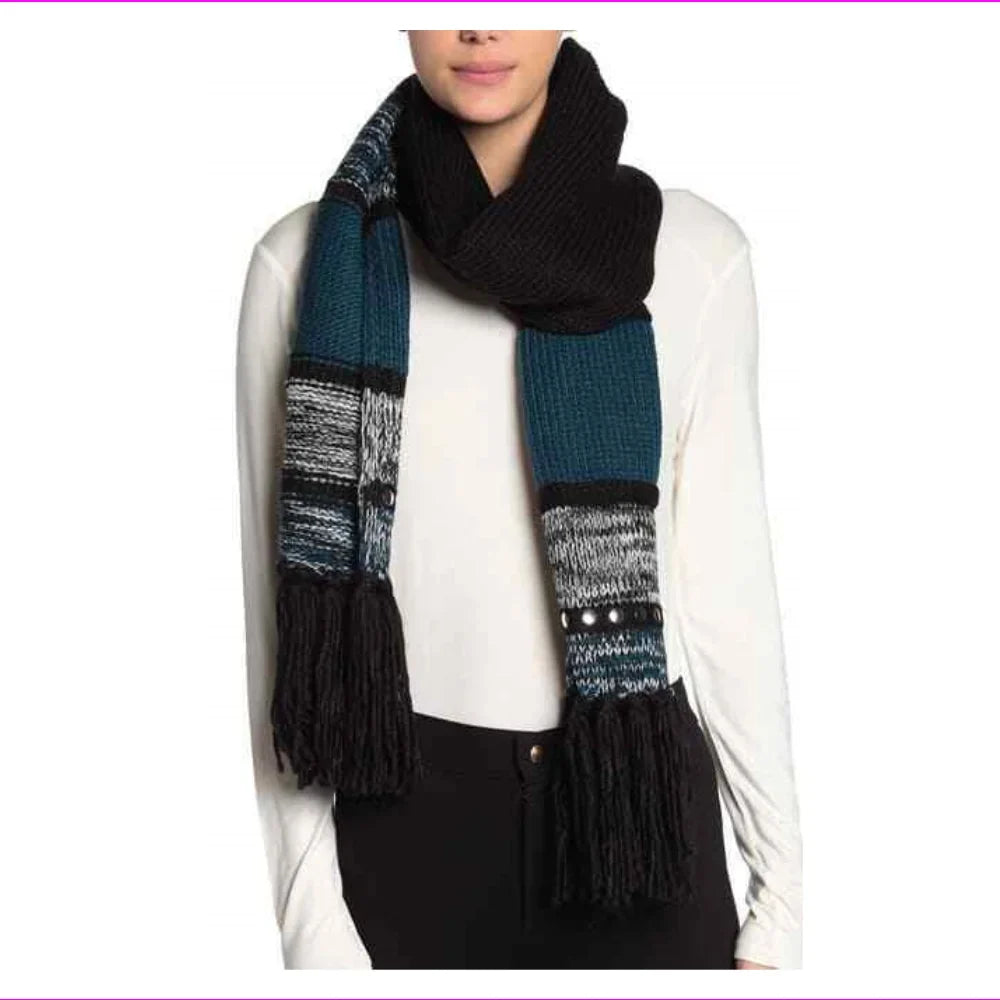 OS Print Kors, Wrap Embellished Stud LUXE Fringe Stripe TEAL,dimension Michael Scarf,