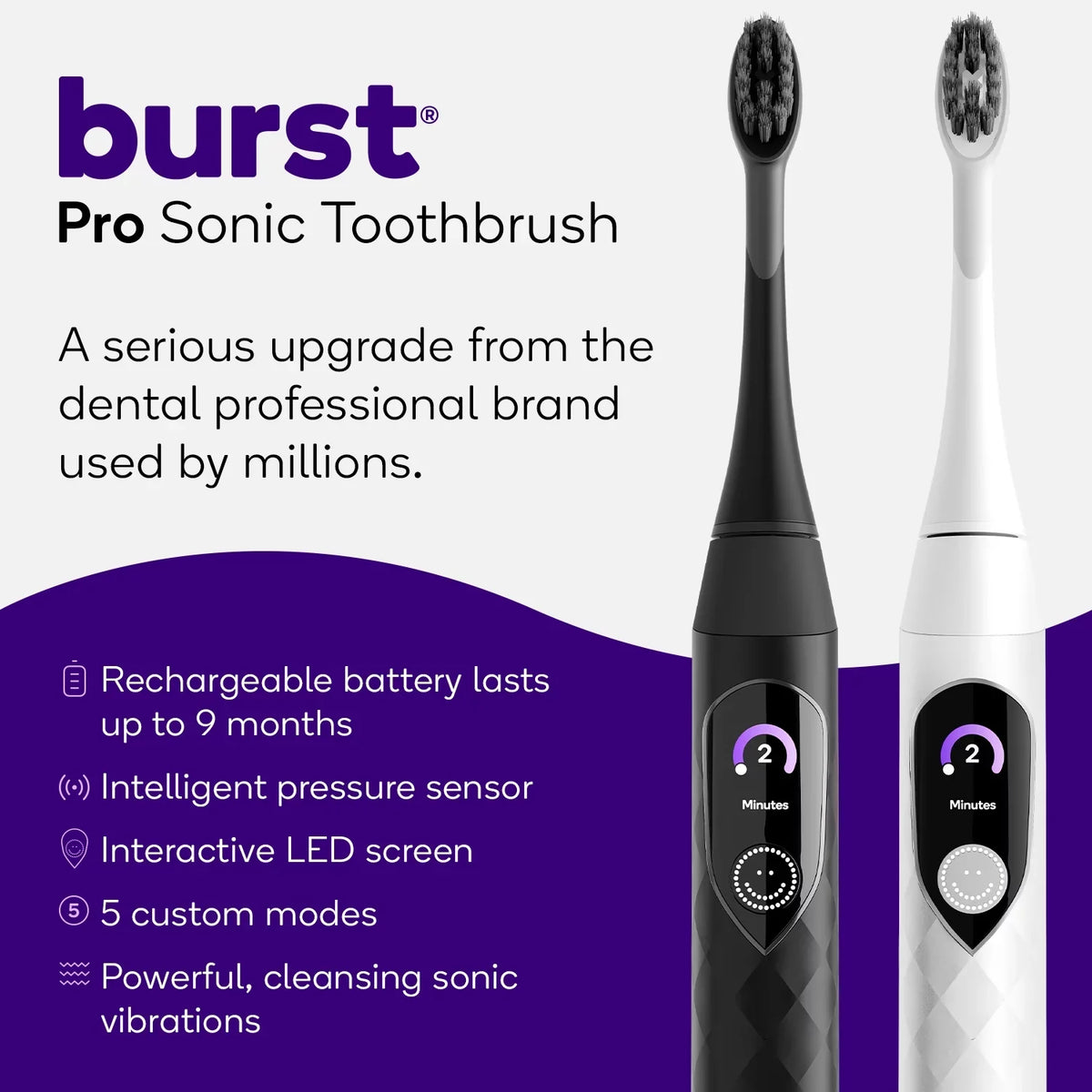 Burst Toothbrush, Sensor, Black Rechargeable Sonic Pressure Pro Electric Toothbrush,