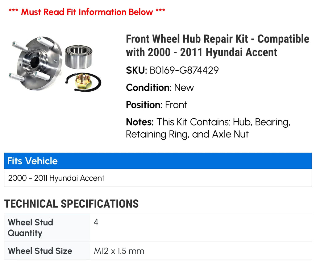 Repair 2003 2004 Front 2007 2010 2006 - 2011 2002 2009 Compatible 2008 - Wheel 2005 Hub Hyundai Kit 2001 with Accent 2000
