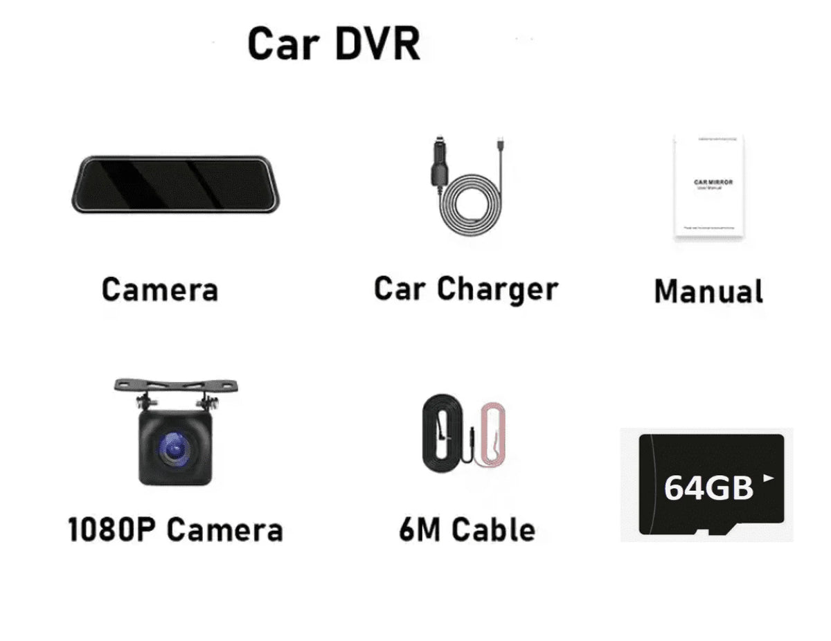 10” & (64 G-Sensor, Rear-View Monitoring Wide Dual Mirror Dash Lens included) Vision Card SD Front Parking Loop Recording Night Touchscreen 1080P Camera Cam GB Angle, 170°