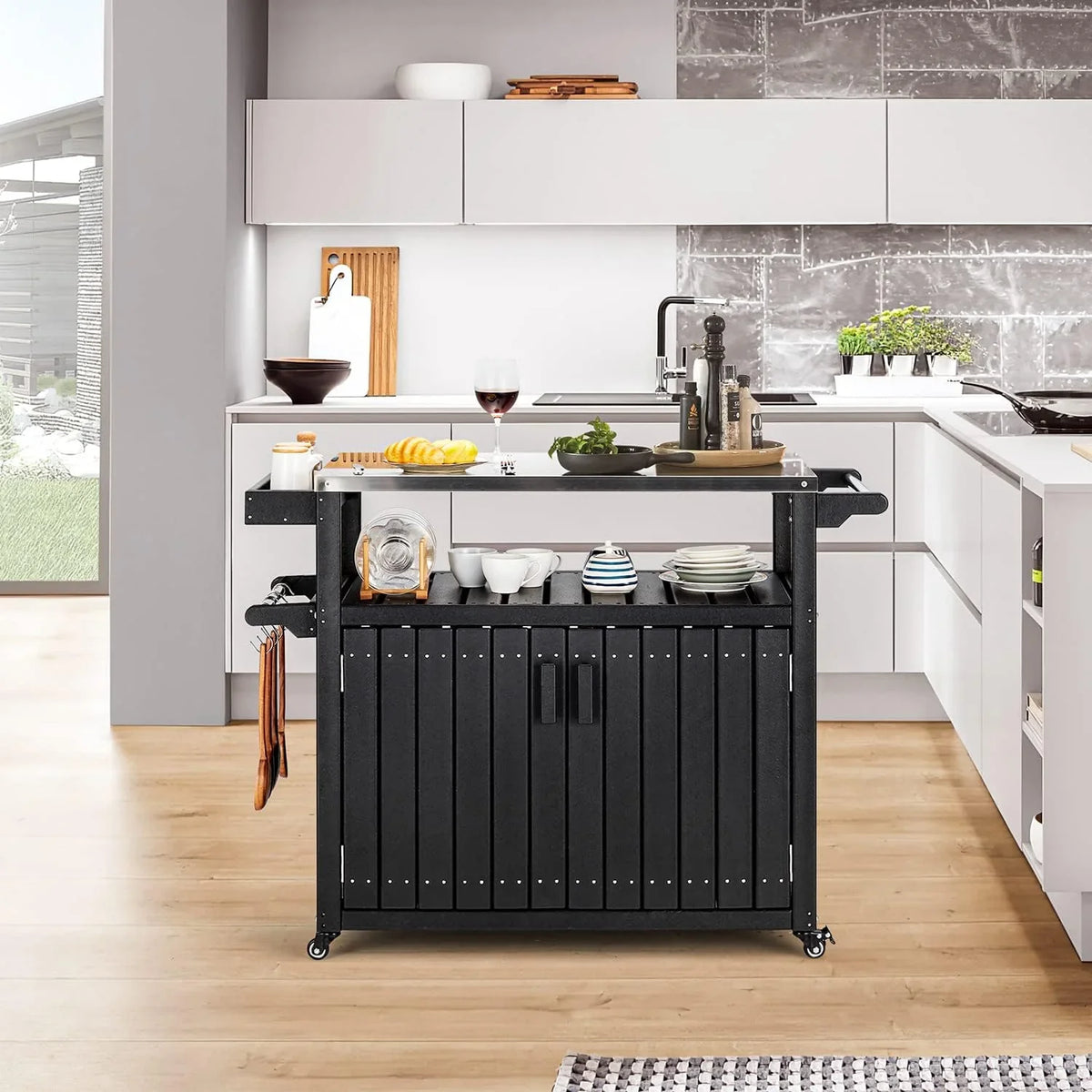 Rolling Towel Rack, Cabinet, Island And Storage Island With With Spice HDPE Steel Rack, Table Cart, Kitchen Black Hooks, Stainless Kitchen Top