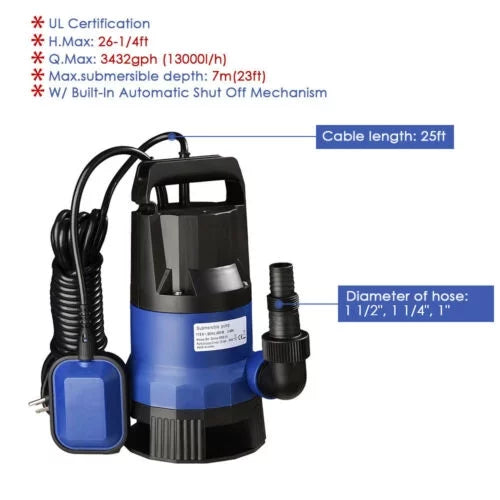 Sump For Submersible 1HP Dirty Pond Swim liquid 750W Pool Pump Clean