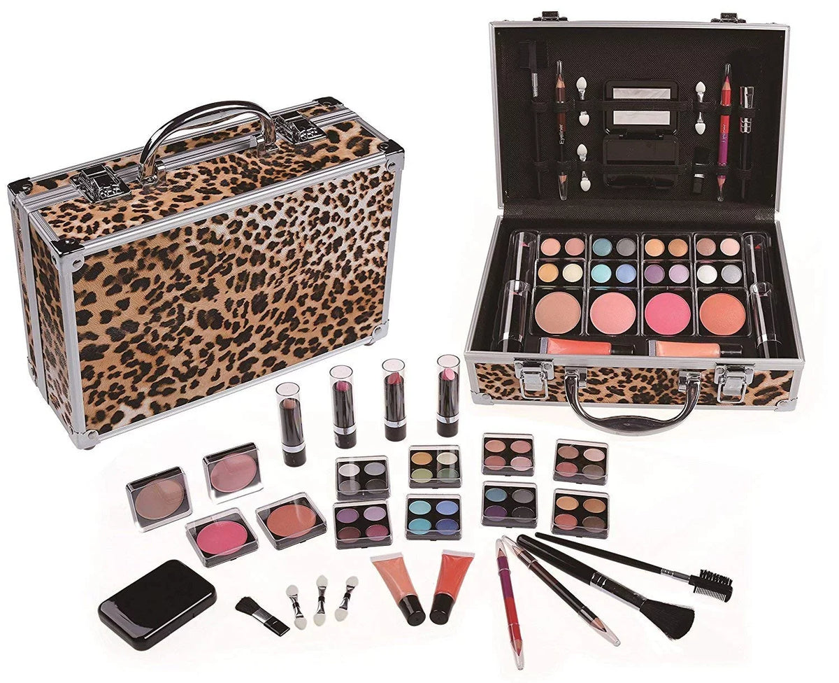 51pc Case Make Up Leopard w/ Set Beauty Premium Cosmetics Cameo Aluminum
