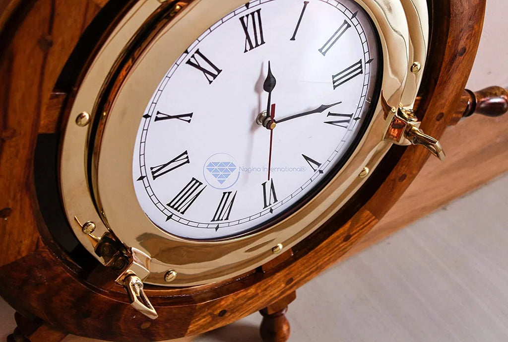 | Tim'es Vintage Brass Porthole Clock (18 Pirate's Wheel Inches) Maritime Gift Ship Full Nagina International Nautical
