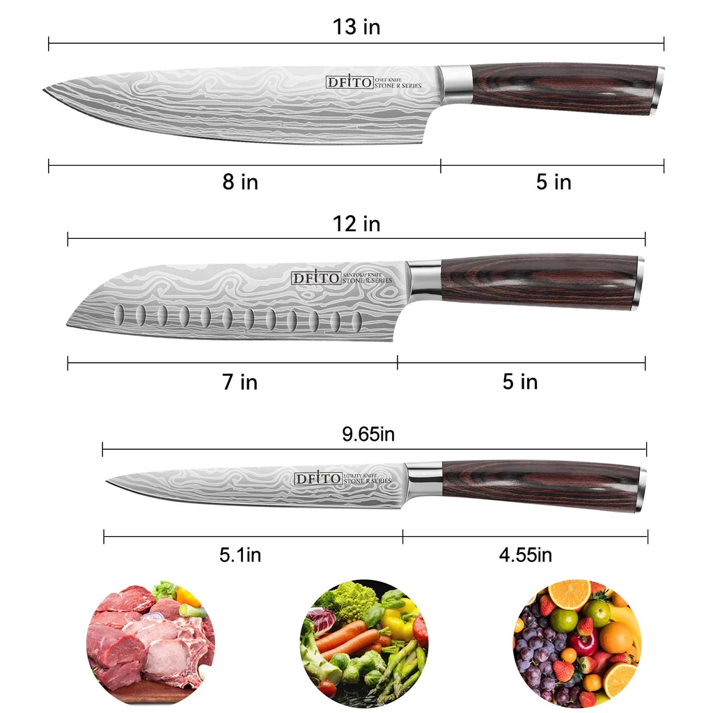 Ergonomic for Gift Carbon Chef DFITO Kitchen Steel Stainless Restaurant Knife, Knives,High or and Professional Blade, Ultra 3PCS Knife Home Handle Box Sharp Set, Chefs