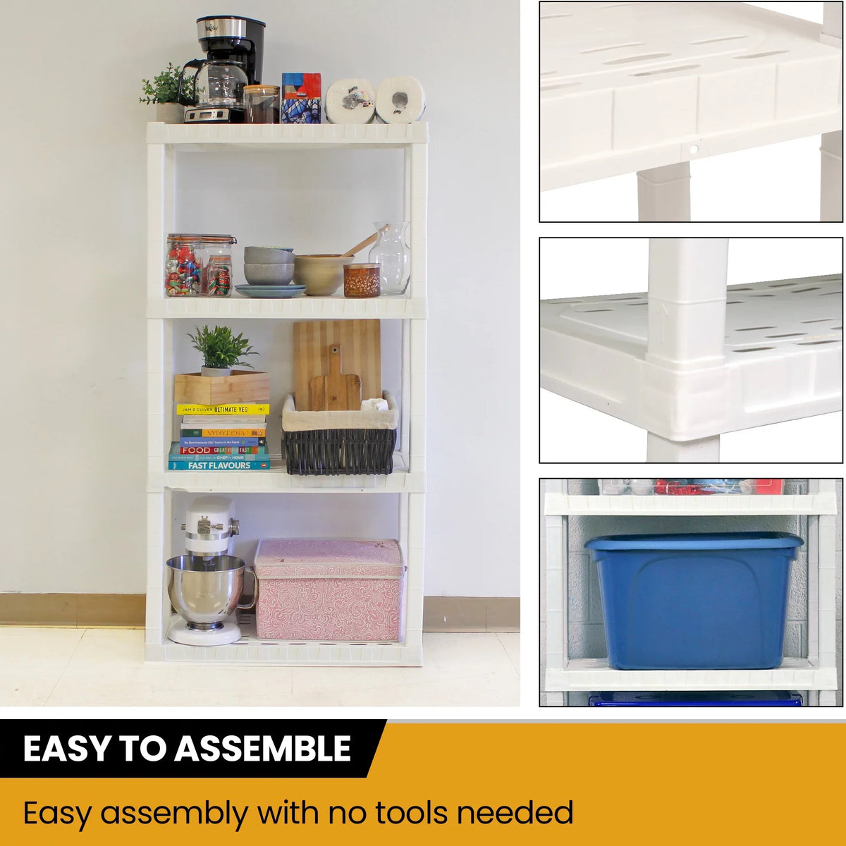Tough Storage Shelving Hyper D14 4-Tier Shelf Unit, x Home Plastic x Multipurpose W30 Organizer, H57" White