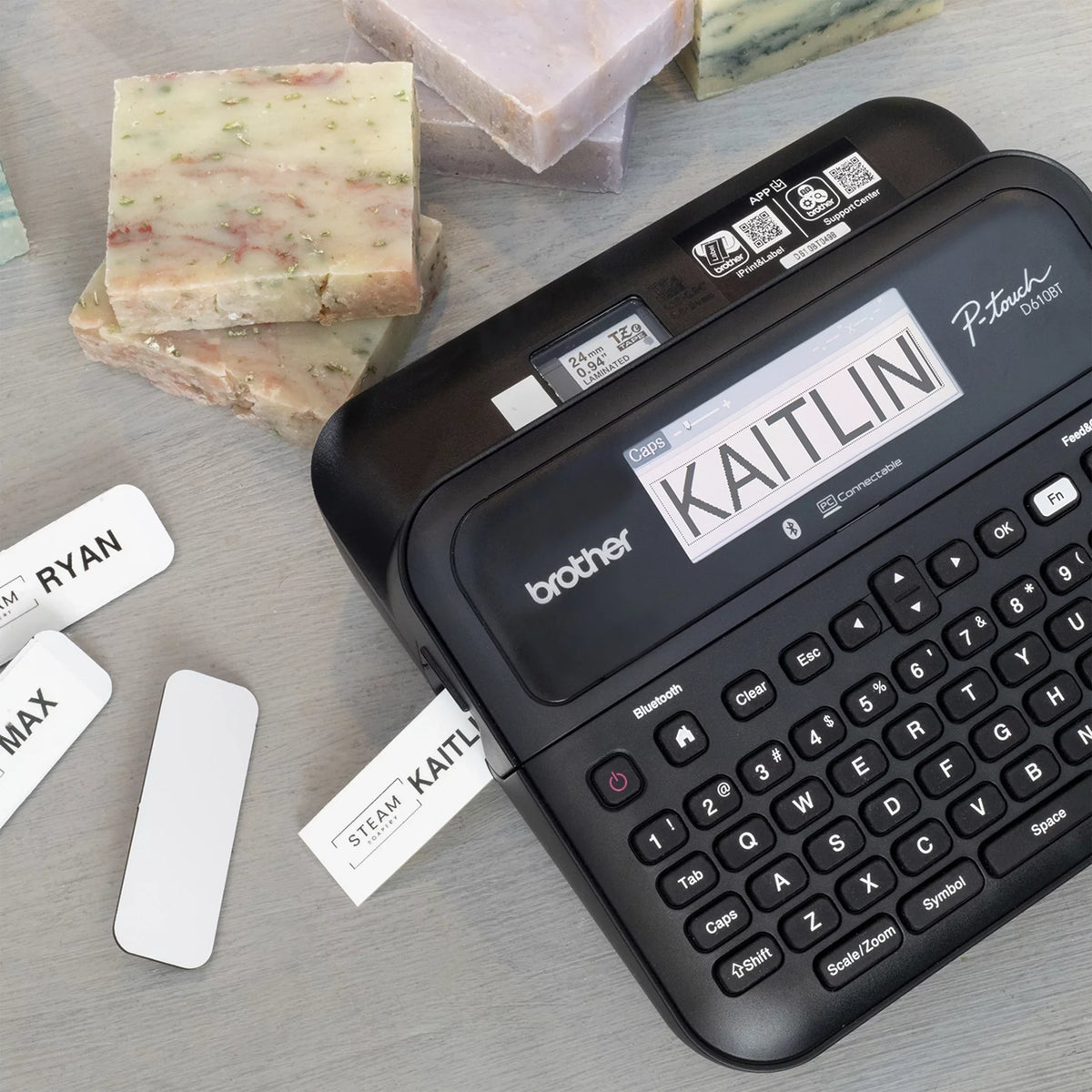 Label Connected includes case Sample Black with Professional Brother Business Print Label and 4m PT-D610BTVP on P-touch Bluetooth® Clear (12mm). ~1/2” Tape Maker Connectivity, carry