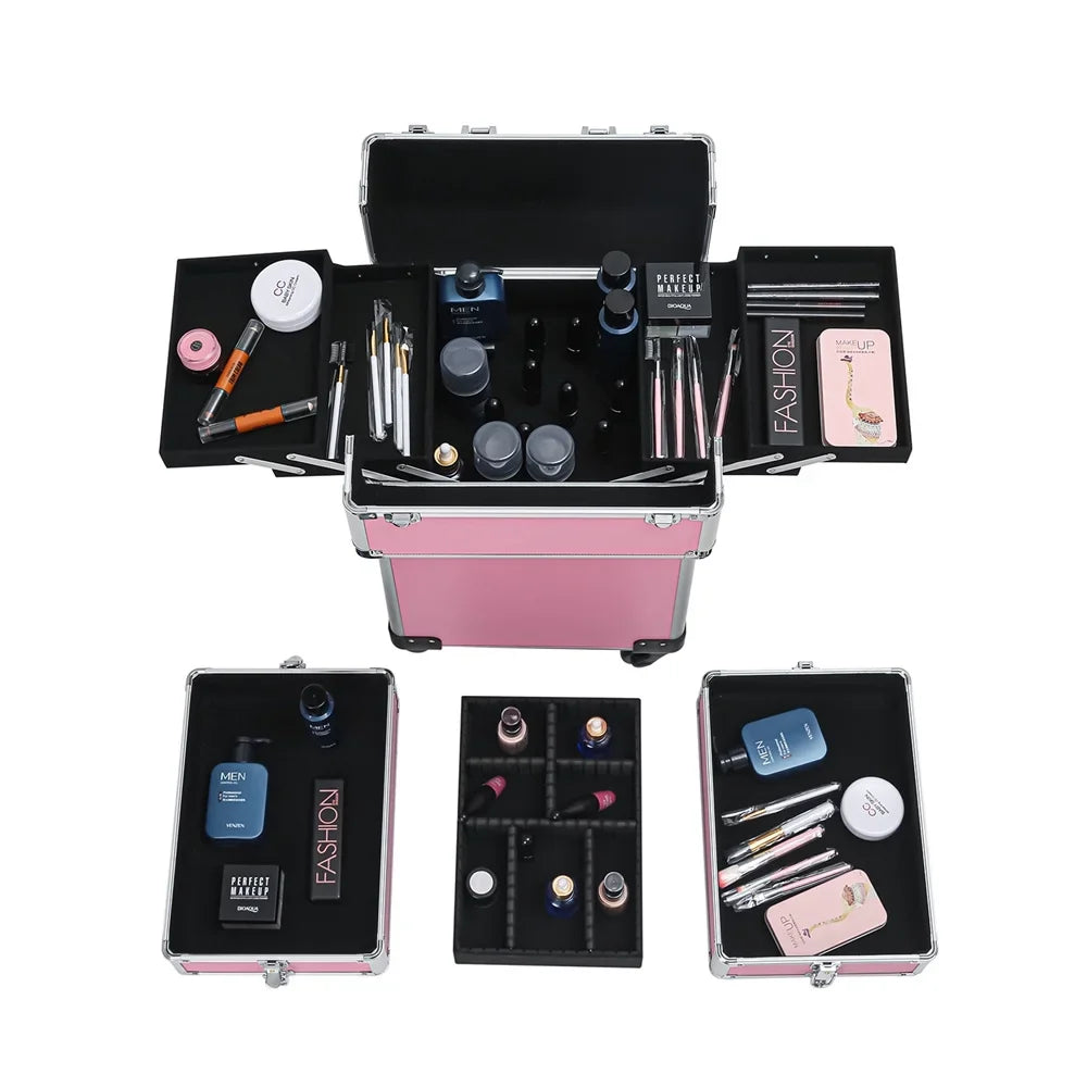 Makeup Case Trolley Case,Pink Case Zeng Drawers Makeup with Train Rolling