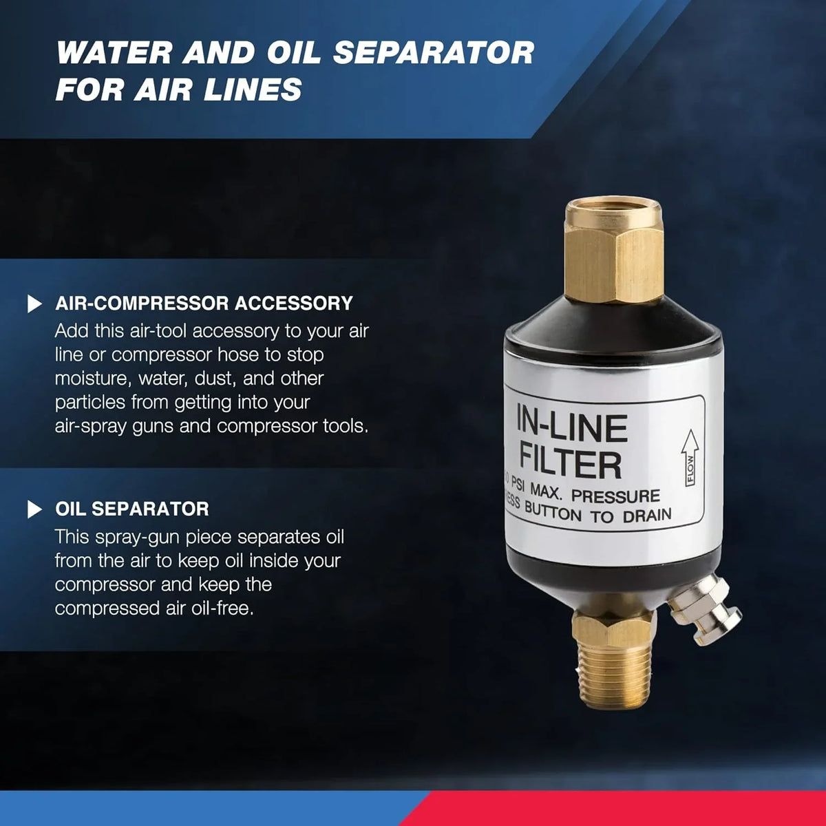 Tool NPT Compressor liquid | | PSI Tools Line NEIKO 150 1/4" Inlet Air Accessory Lifespan Separator Protect | for Air of | and Optimize 30253A Pneumatic Black Air | and and Performance, Oil Outlet