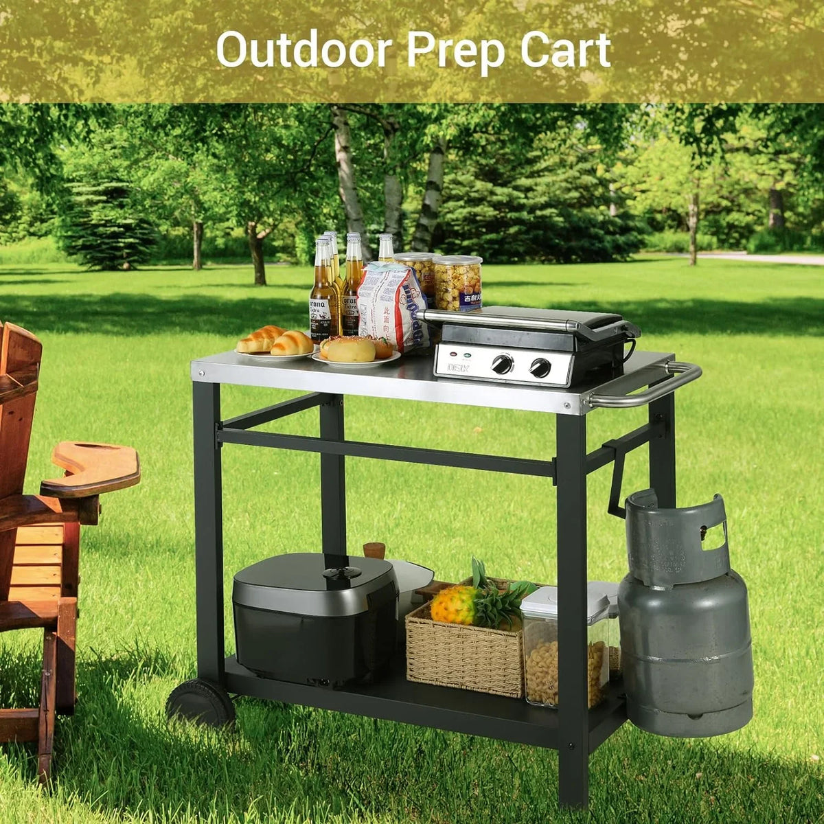 Handle, Food L33.5 Cart, on Movable w/Hooks, 2 Pizza Prep Table, Table Work Oven Kitchen Cart, x Wheels, Double-Shelf Worktable Stainless x Steel Bar Dining H31.8 W19.7 Dining exterior Room