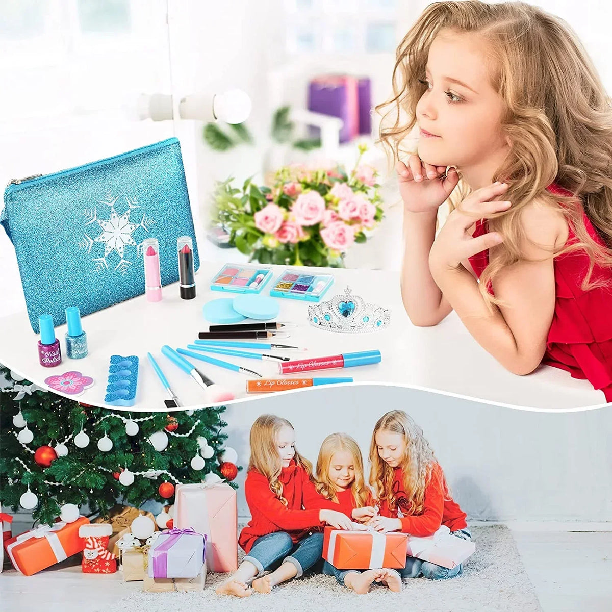 Toddler & Cosmetic Old for Gift Makeup Makeup Girls, (Blue) Makeup Washable with Makeup 3-12 Set Kids Toy Bag, Safe for Years Girls 24 Non-Toxic Frozen Kids Kit Princess, Pcs Set Toys for Real Kit