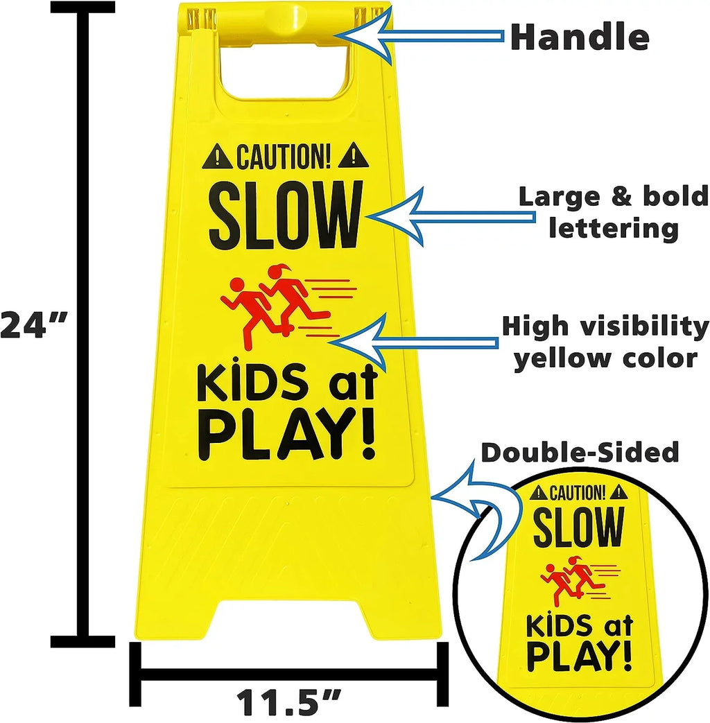Caution! Signs, SciencePurchase Color, - KIDS at Standing Fold-Out Visibility - with Portable Sided, Handle PLAY! High Double Yellow Signs, SLOW Pack by Carrying 2