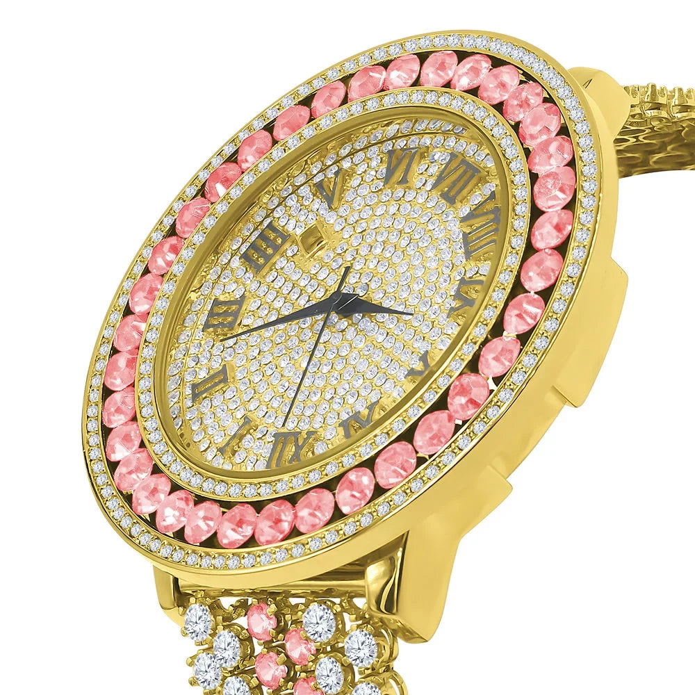 Pink dimension Gold Simulated Roman Face Diamond Rodeo Mens Tourmaline Adjustable Dial Big Jo Band Watch Custom Numeral Tone