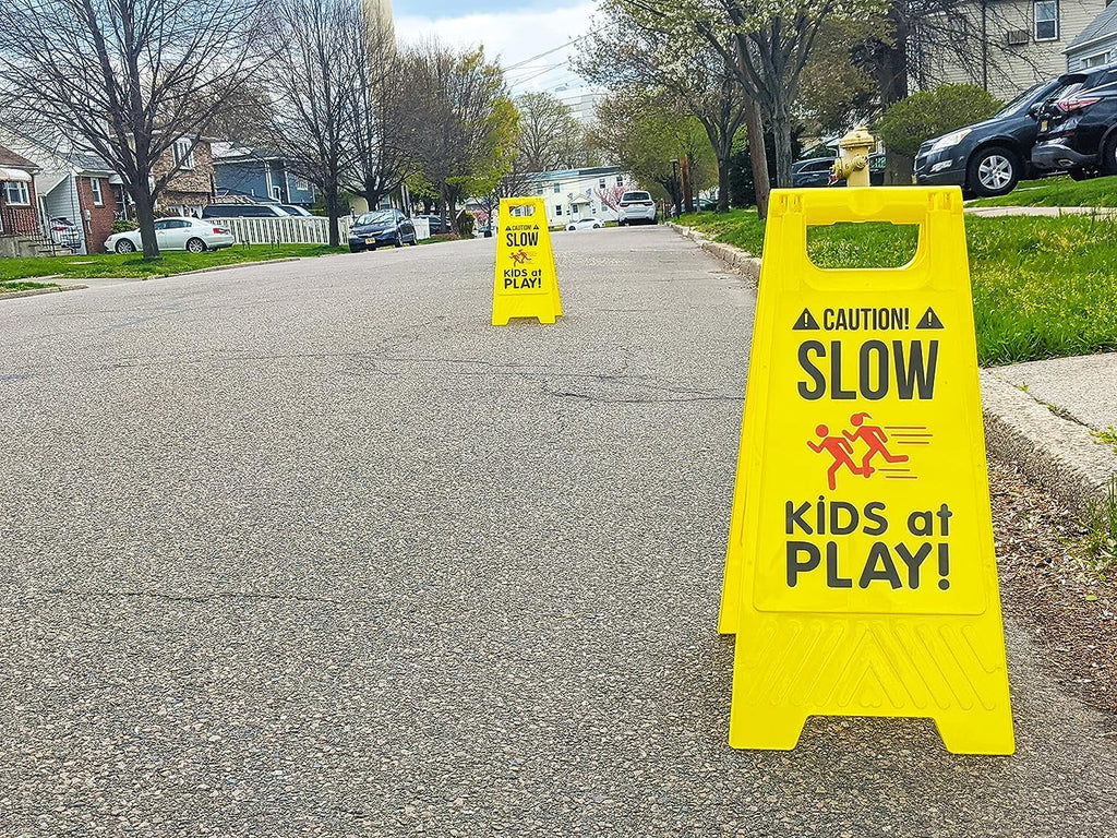 Caution! Signs, SciencePurchase Color, - KIDS at Standing Fold-Out Visibility - with Portable Sided, Handle PLAY! High Double Yellow Signs, SLOW Pack by Carrying 2