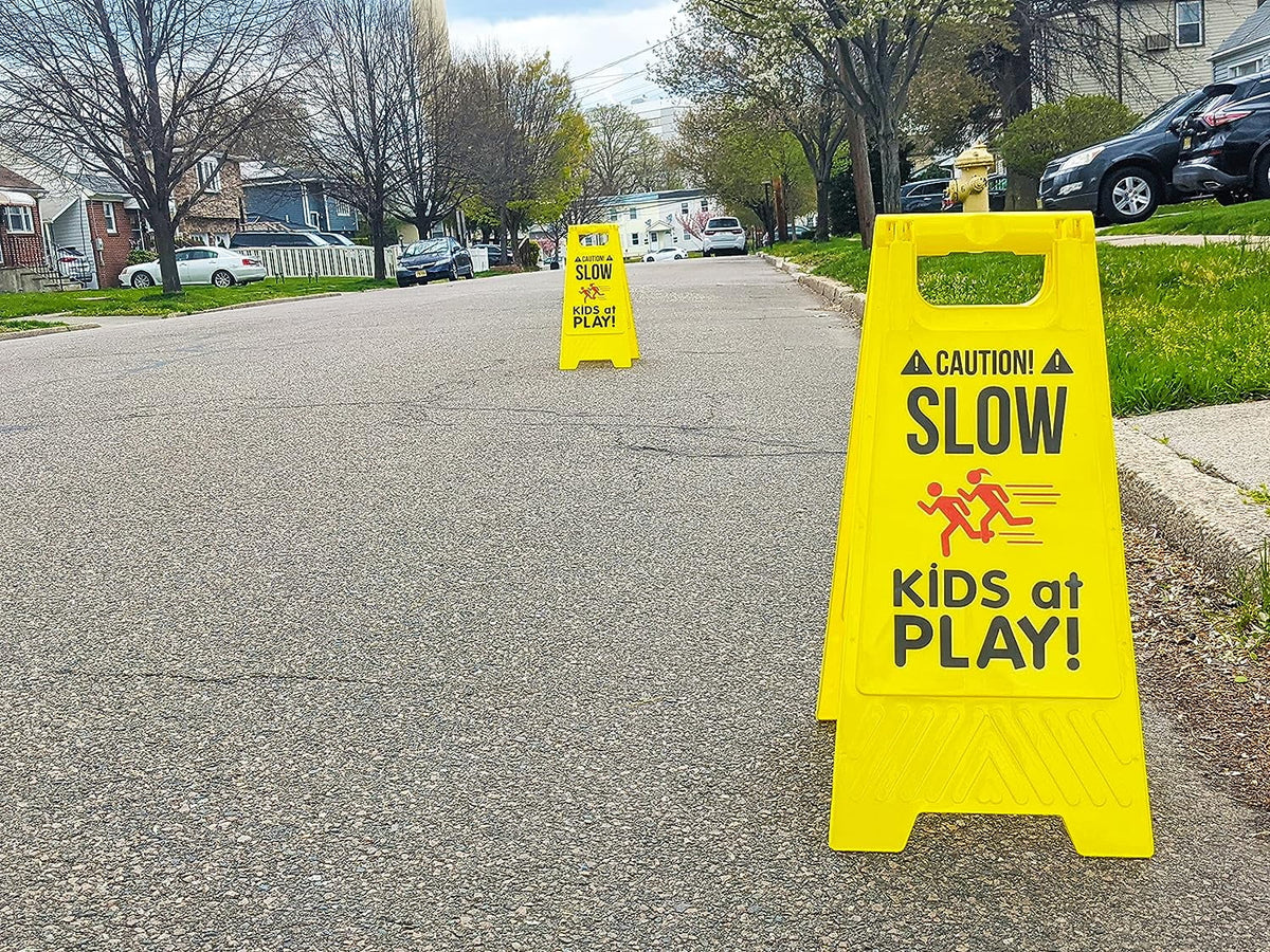 Caution! Signs, SciencePurchase Color, - KIDS at Standing Fold-Out Visibility - with Portable Sided, Handle PLAY! High Double Yellow Signs, SLOW Pack by Carrying 2